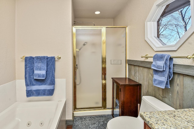 full bathroom with independent shower and bath, vanity, and toilet