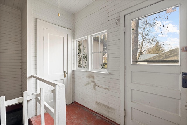 doorway with wooden walls and plenty of natural light