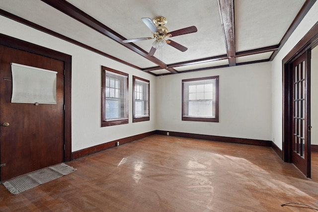 entrance foyer with coffered ceiling, ceiling fan, hardwood / wood-style flooring, and beamed ceiling