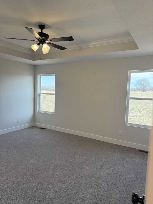 empty room with ceiling fan, ornamental molding, carpet flooring, and a raised ceiling