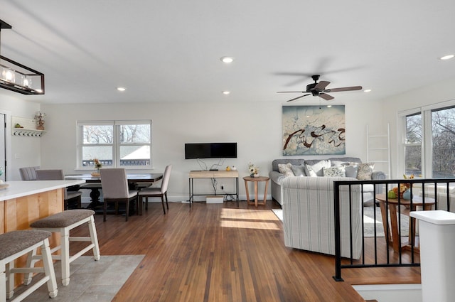 living room with hardwood / wood-style flooring and ceiling fan