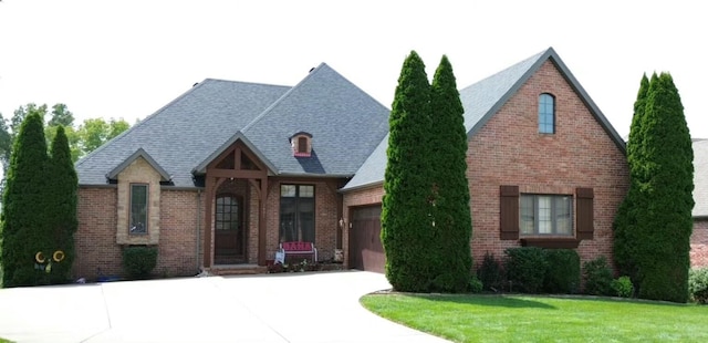 tudor home featuring a garage and a front lawn