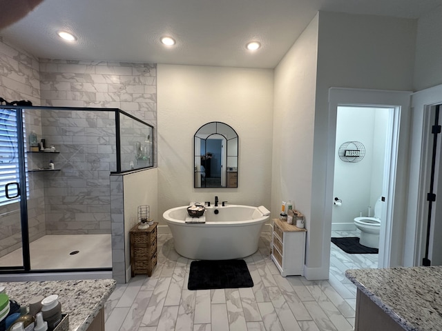 full bathroom featuring toilet, vanity, and plus walk in shower