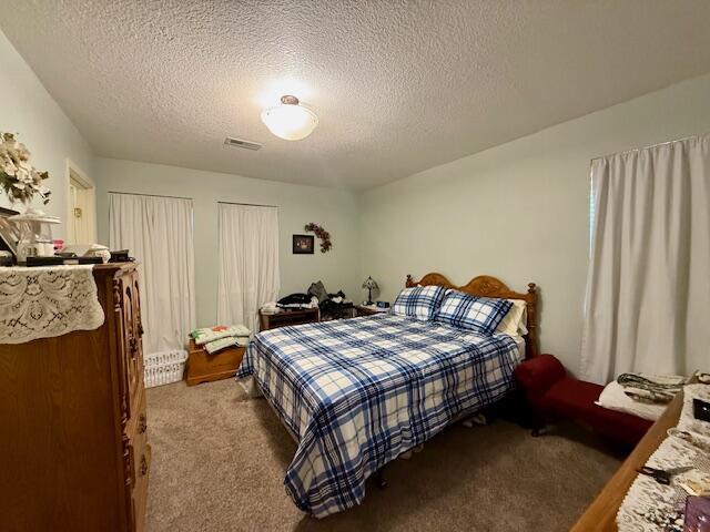 bedroom featuring carpet flooring and a textured ceiling