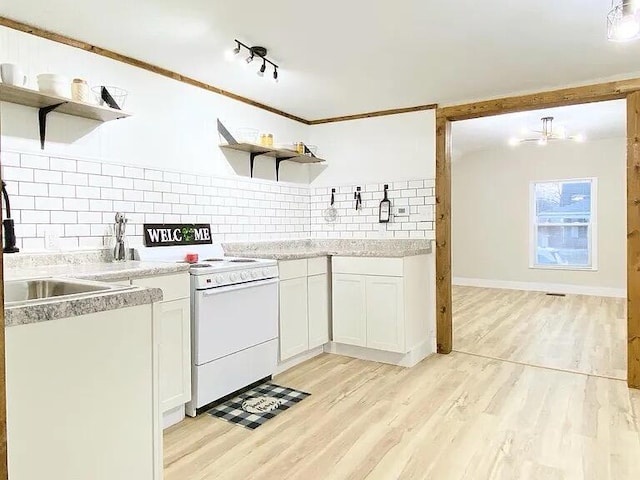 kitchen featuring white cabinetry, decorative backsplash, white electric stove, and light hardwood / wood-style floors