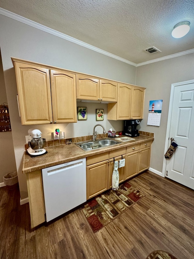 kitchen featuring white dishwasher, sink, dark hardwood / wood-style floors, and light brown cabinets