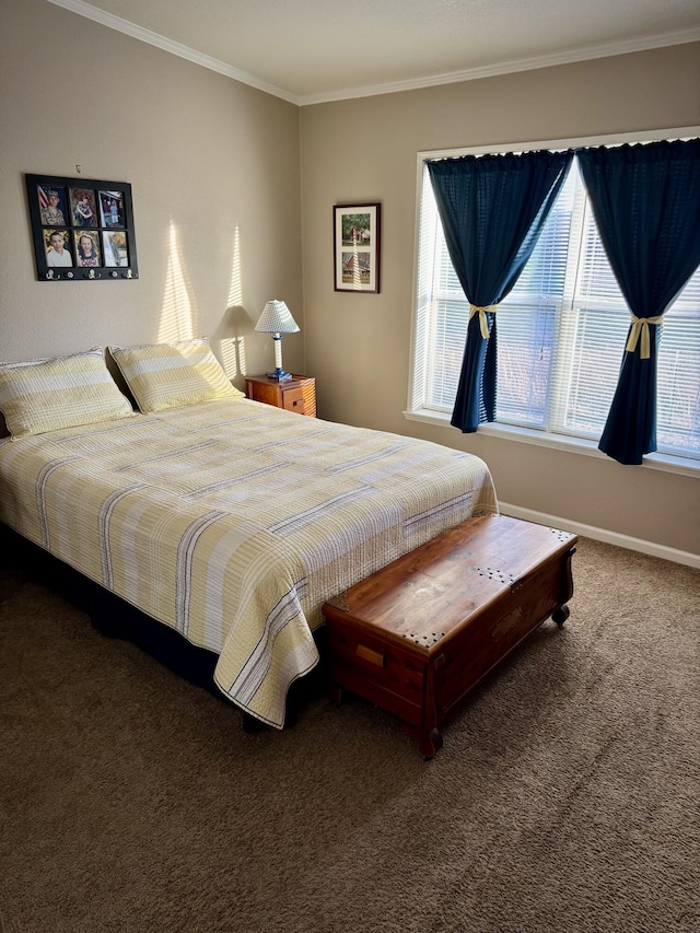 bedroom featuring dark colored carpet and ornamental molding