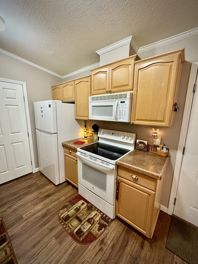 kitchen with crown molding, white appliances, light brown cabinetry, and dark wood-type flooring