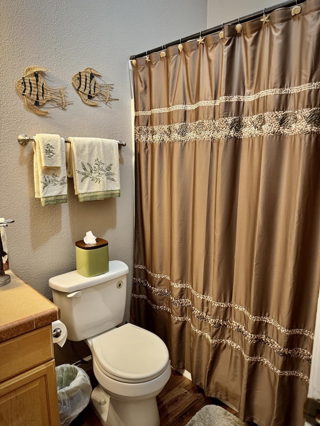 bathroom featuring vanity, hardwood / wood-style flooring, and toilet