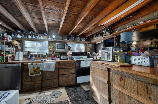 kitchen with wood ceiling, sink, electric range, and dishwasher