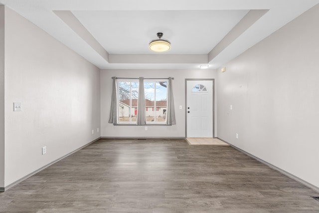 foyer featuring wood-type flooring and a tray ceiling