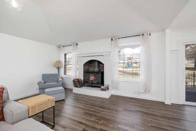 living room featuring dark wood-type flooring and a wood stove