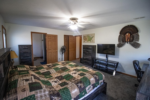 carpeted bedroom featuring ceiling fan