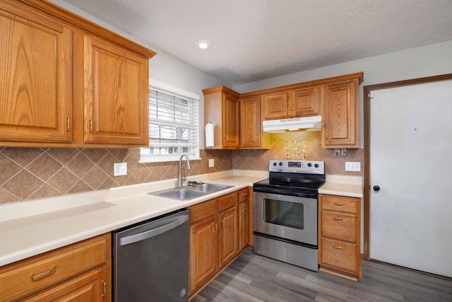 kitchen featuring wood-type flooring, appliances with stainless steel finishes, sink, and decorative backsplash