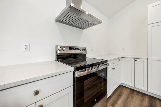3481 W Moark St, Springfield, MO 65810 - kitchen featuring stainless steel electric range oven, wall chimney exhaust hood, dark wood-style floors, light stone counters, and white cabinets