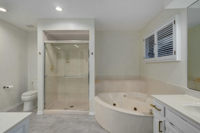 full bathroom with independent shower and bath, vanity, tile patterned flooring, and toilet