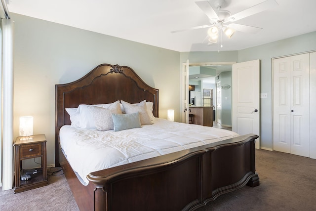 carpeted bedroom with stainless steel refrigerator with ice dispenser, ceiling fan, and a closet