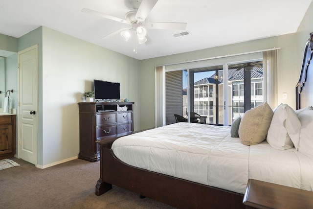 bedroom featuring carpet floors, ceiling fan, and access to outside