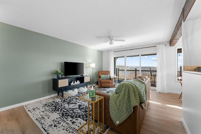 living room with ceiling fan and light wood-type flooring