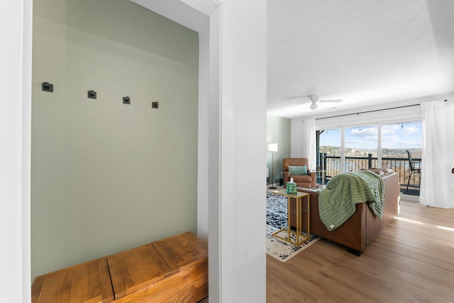 living room with light hardwood / wood-style flooring and ceiling fan