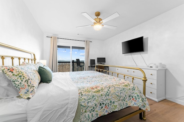 bedroom with access to exterior, ceiling fan, and light hardwood / wood-style flooring