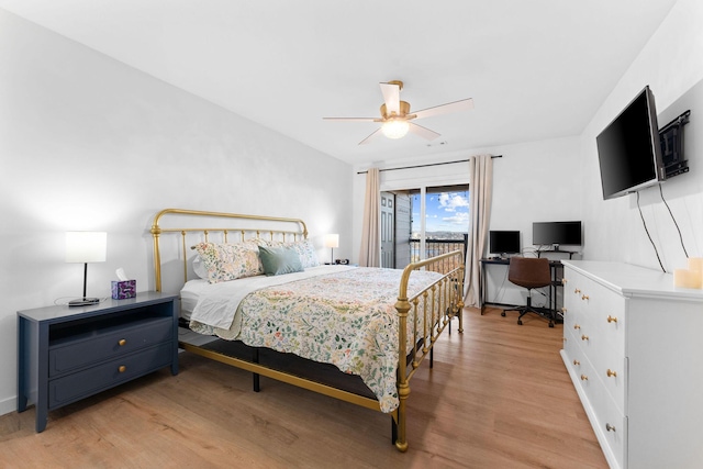 bedroom with access to outside, light hardwood / wood-style floors, and ceiling fan