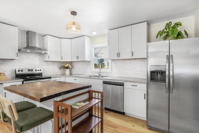 kitchen featuring sink, white cabinets, wooden counters, stainless steel appliances, and wall chimney exhaust hood