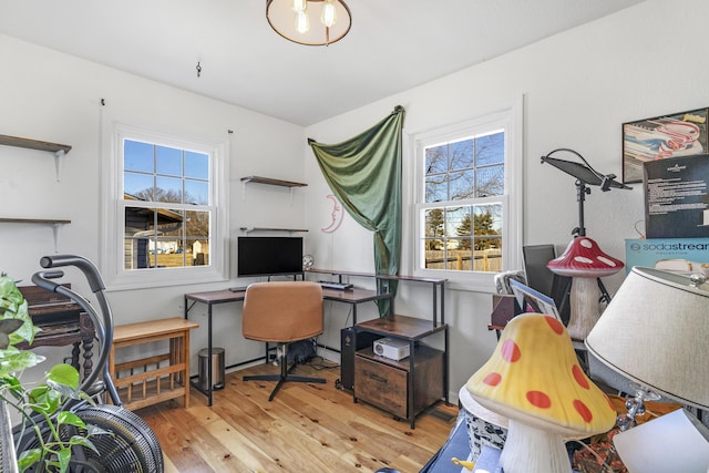 office featuring a healthy amount of sunlight, baseboard heating, and light hardwood / wood-style flooring