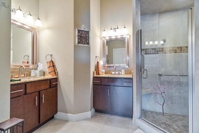 bathroom featuring tile patterned flooring, vanity, and a shower with shower door