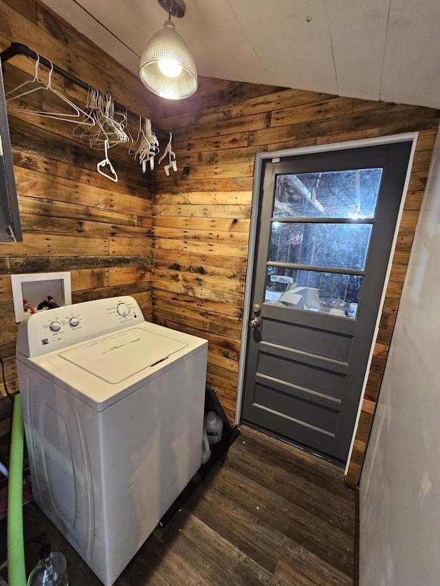 1101 E 18th St, Lamar, MO 64759 - clothes washing area featuring dark wood-type flooring, washer / clothes dryer, and wood walls