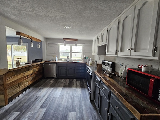 1101 E 18th St, Lamar, MO 64759 - kitchen with sink, dark wood-type flooring, electric range oven, a textured ceiling, and stainless steel dishwasher