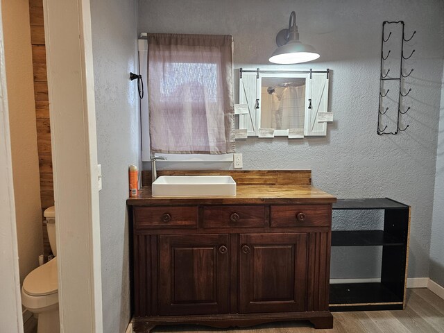 1101 E 18th St, Lamar, MO 64759 - bathroom featuring wood-type flooring, toilet, vanity, and a shower