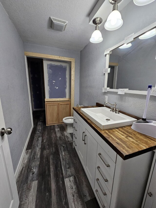 1101 E 18th St, Lamar, MO 64759 - bathroom with vanity, wood-type flooring, toilet, and a textured ceiling