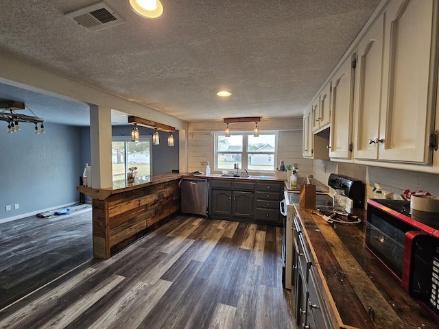 1101 E 18th St, Lamar, MO 64759 - kitchen featuring wood counters, a textured ceiling, range with electric stovetop, dark hardwood / wood-style flooring, and dishwasher