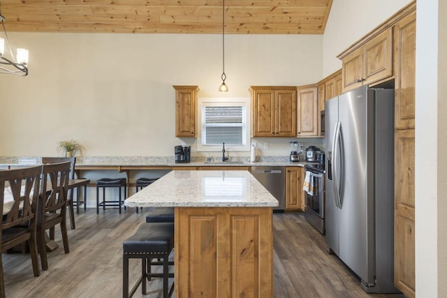 kitchen with a breakfast bar, a sink, a center island, appliances with stainless steel finishes, and wooden ceiling