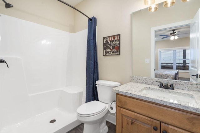 full bathroom featuring connected bathroom, a shower with curtain, vanity, and toilet