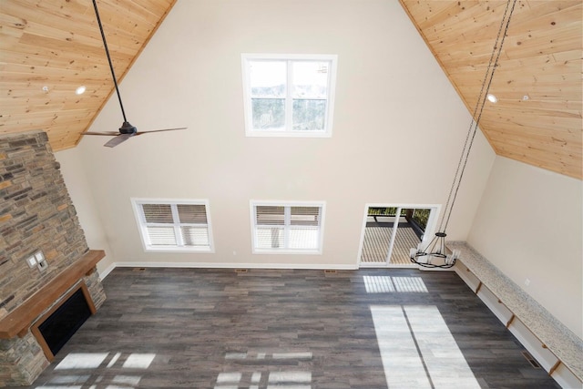 unfurnished living room featuring visible vents, wood ceiling, and dark wood-style flooring