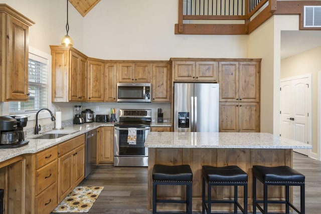 kitchen with visible vents, a sink, dark wood-type flooring, a towering ceiling, and appliances with stainless steel finishes