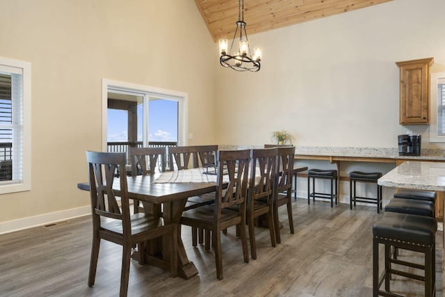 dining area featuring dark wood finished floors, visible vents, wood ceiling, and a notable chandelier