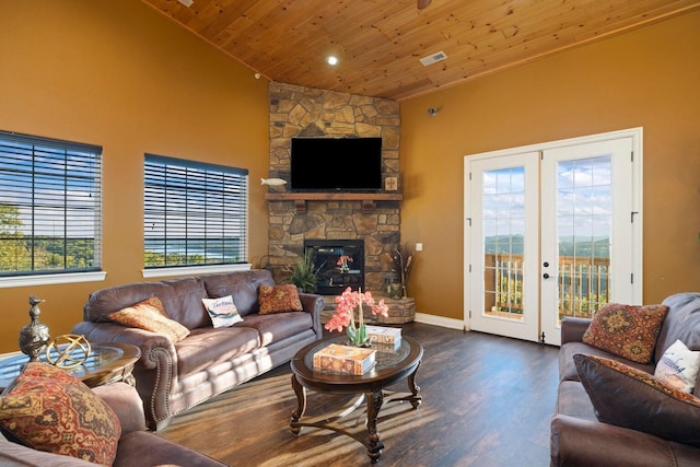 living area featuring visible vents, baseboards, dark wood finished floors, a fireplace, and wooden ceiling