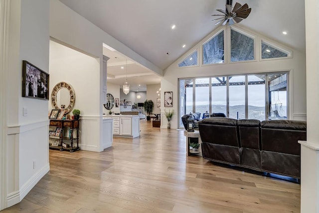 living room featuring decorative columns, a mountain view, high vaulted ceiling, and light hardwood / wood-style floors