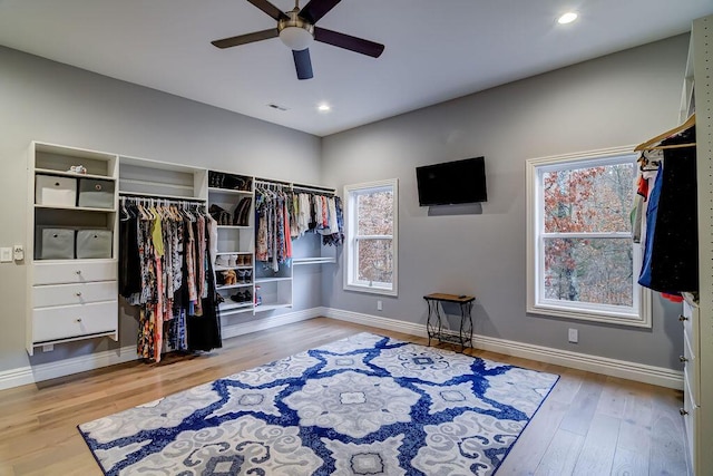 walk in closet featuring ceiling fan and wood-type flooring