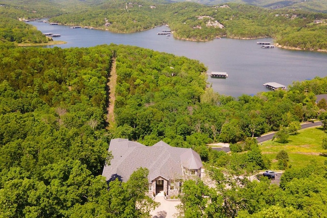 drone / aerial view featuring a water view