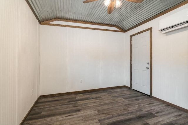 unfurnished room featuring ceiling fan, lofted ceiling, a wall unit AC, and dark hardwood / wood-style flooring