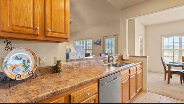 kitchen with light carpet, sink, stainless steel dishwasher, and light stone counters