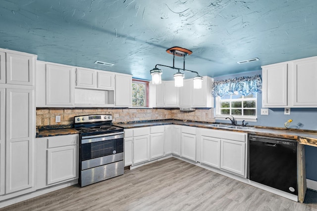 kitchen with white cabinets, stainless steel electric stove, sink, and dishwasher