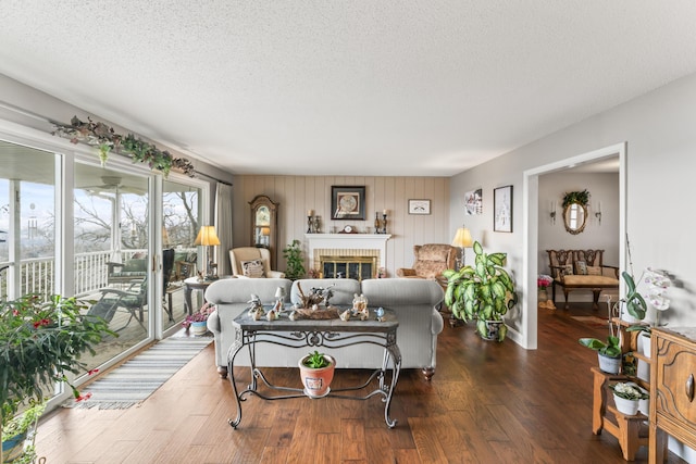 living room featuring a fireplace, dark wood-type flooring, and a textured ceiling