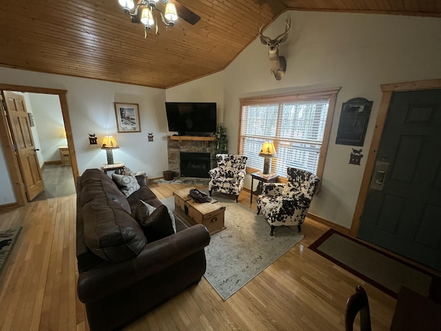 living area with lofted ceiling, wood-type flooring, a fireplace, and wooden ceiling