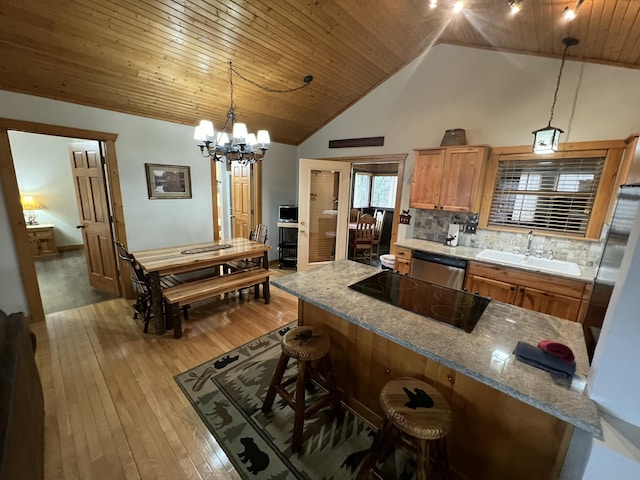 kitchen featuring light wood-style floors, wood ceiling, a sink, dishwasher, and a kitchen bar