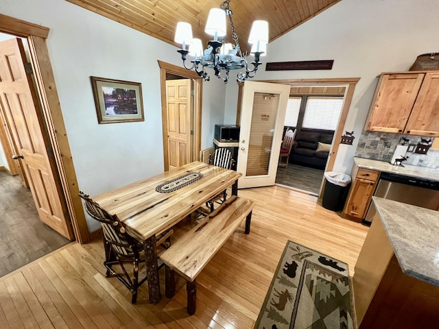 dining room featuring wooden ceiling, light wood finished floors, vaulted ceiling, and a notable chandelier